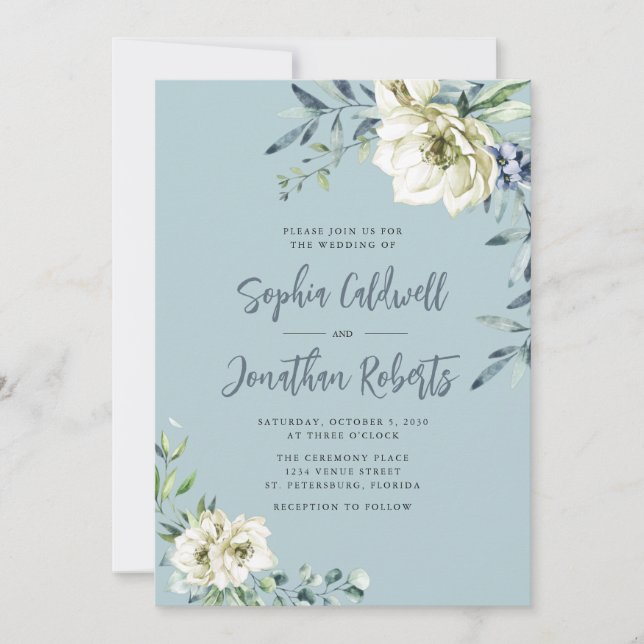 Invitación Todo en un Boda floral azul y turbio Eucalipto (Anverso)