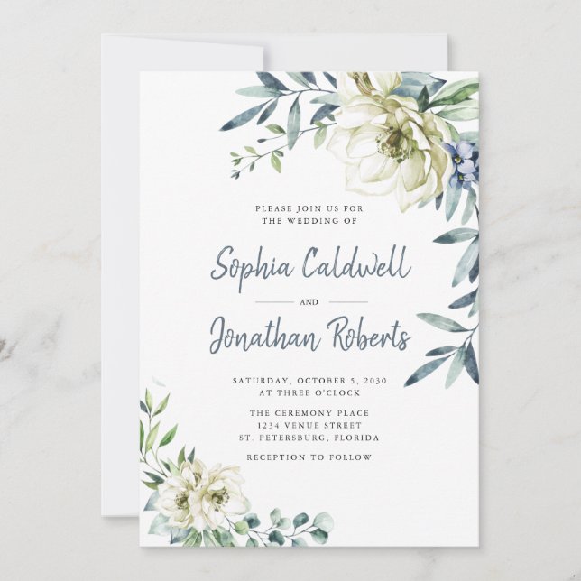 Invitación Todo en un Boda floral azul y turbio Eucalipto (Anverso)