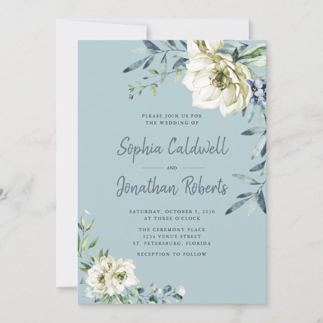 Invitación Todo en un Boda floral azul y turbio Eucalipto (Anverso)