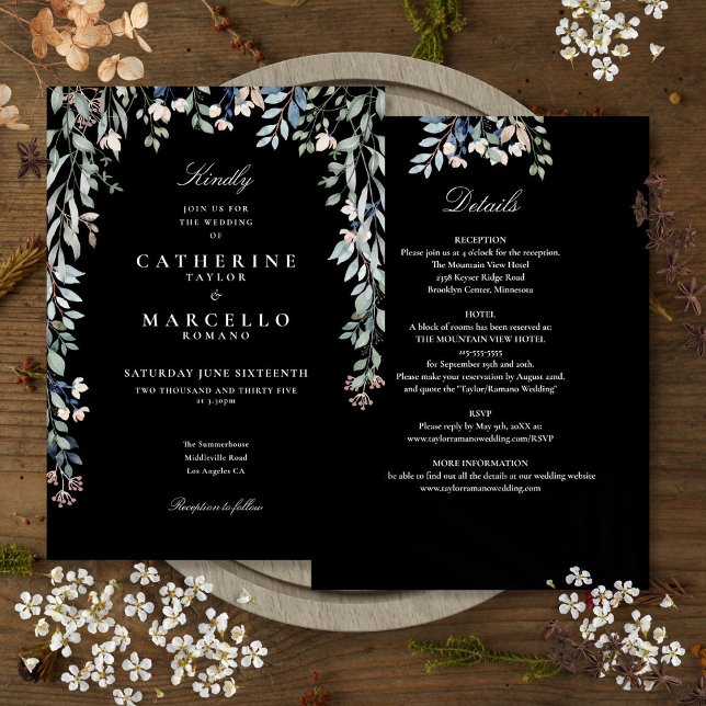 Invitación Todo En Un Boda Floral Blanco Y Negro (All In One Floral Black And White Wedding Invitation)