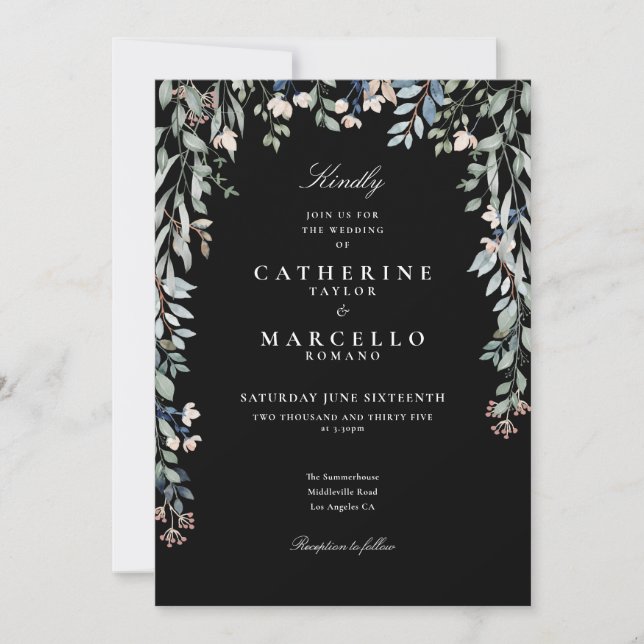 Invitación Todo En Un Boda Floral Blanco Y Negro (Anverso)