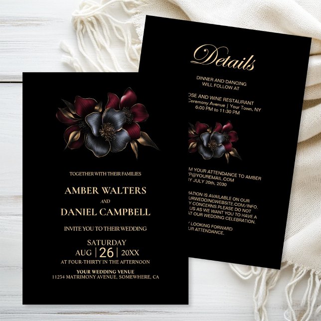 Invitación Todo en un Boda floral borgoña y gris (Subido por el creador)