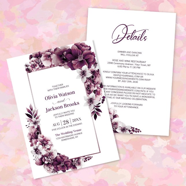 Invitación Todo En Un Boda Floral De Pluma Rosa (Subido por el creador)
