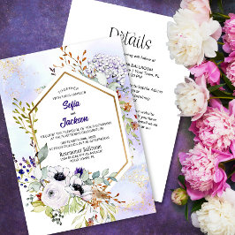Invitación Todo en un Boda floral geométrico morado de oro