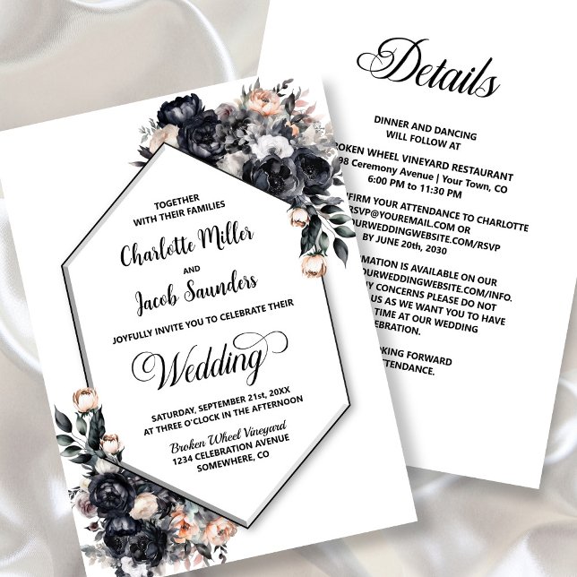 Invitación Todo En Un Boda Floral Negra De Smokey Geométrico (Subido por el creador)