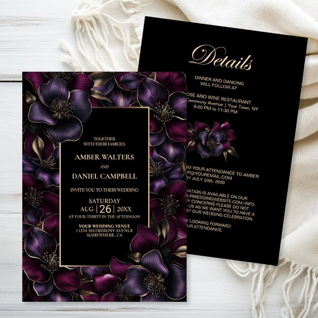 Invitación Todo en un Boda floral rosa morado negro (Subido por el creador)