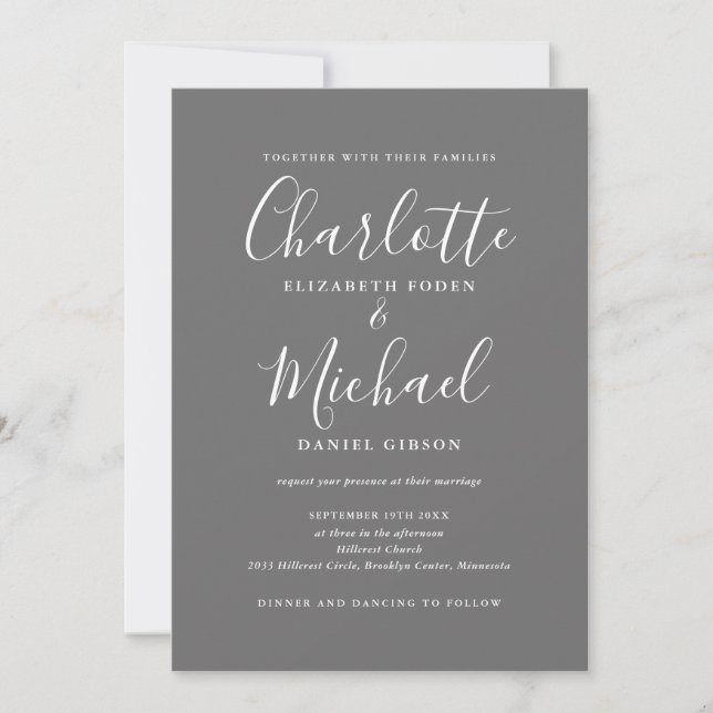 Invitación Todo En Un Boda Gris Y Blanco Elegante De Guión (Anverso)