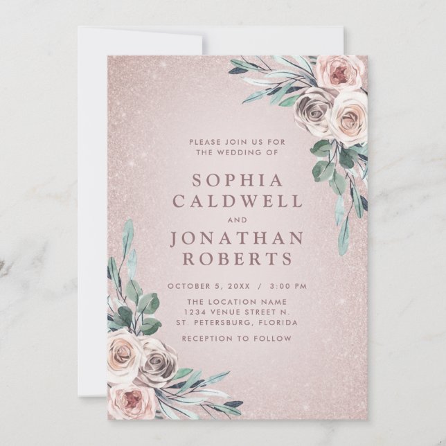 Invitación Todo en un Boda Purpurina de Roses rosados y polvo (Anverso)