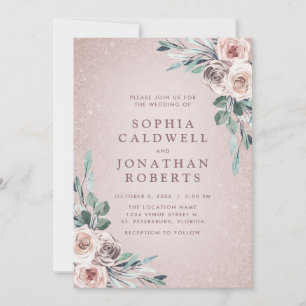Invitación Todo en un Boda Purpurina de Roses rosados y polvo