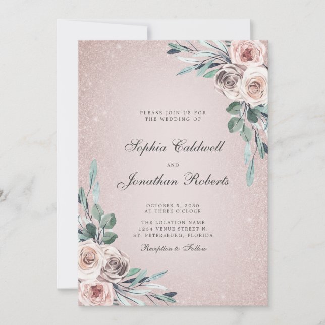 Invitación Todo en un Boda Purpurina de Roses rosados y polvo (Anverso)