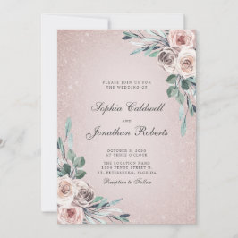Invitación Todo en un Boda Purpurina de Roses rosados y polvo
