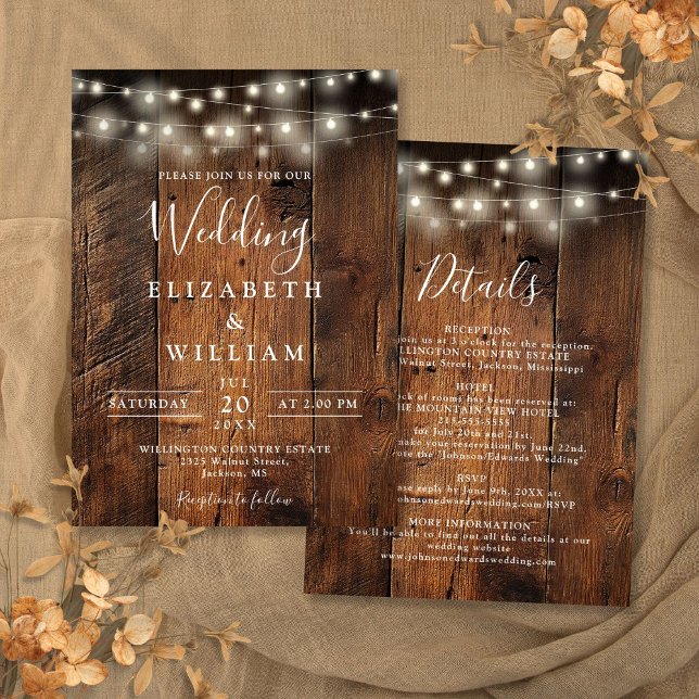 Invitación Todo En Un Boda Rústico De Letras De Madera De Bar (All In One Rustic Barn Wood String Lights Wedding Invitation)