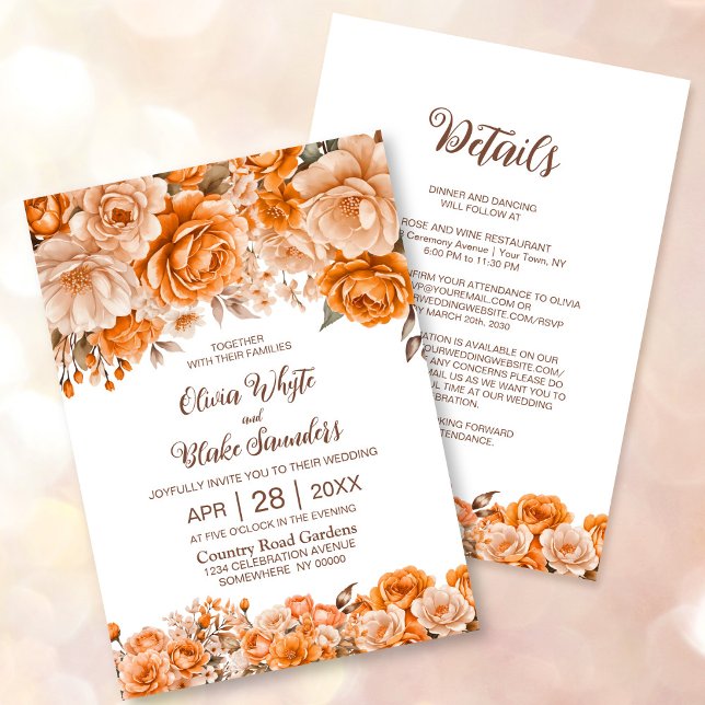 Invitación Todo En Un Boda Rústico Naranja Floral (Subido por el creador)