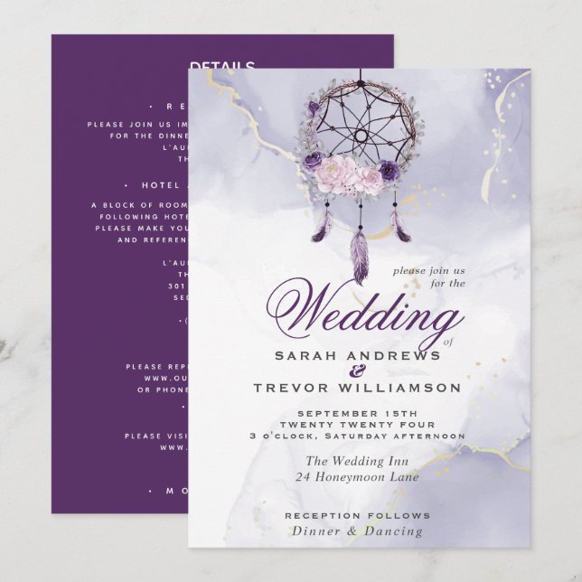 Invitación Todo en un catcher de Boda de BOHO Purple Dream (Anverso / Reverso)