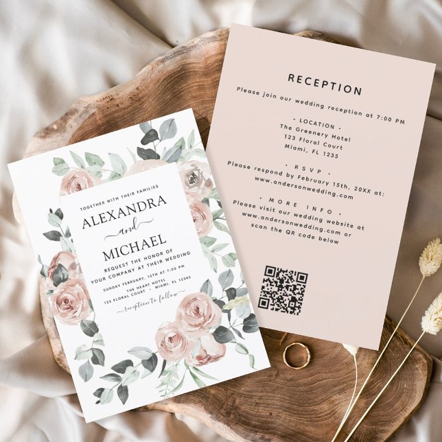 Invitación Todo en un código QR Boda de eucalipto floral rosa (Subido por el creador)