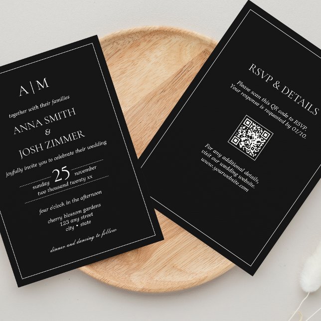 Invitación Todo en un código QR mínimo en blanco y negro bril (All in one Black Invitation with QR code - classy, elegant, modern typography)