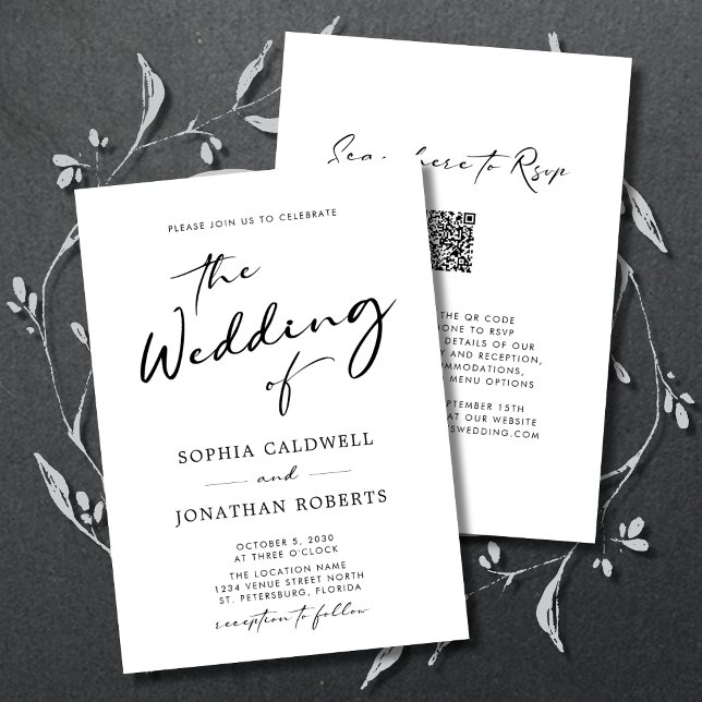 Invitación Todo en un código QR RSVP Boda de caligrafía moder (All in One QR Code RSVP Modern Calligraphy Black and White Double Sided Wedding Invitation)
