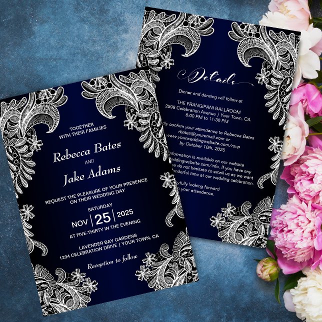 Invitación Todo En Un Elegante Boda Azul Lace Blanco (Subido por el creador)