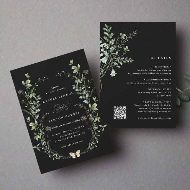 Invitación Todo En Un Elegante Boda De Flor Silvestre Negra (Subido por el creador)