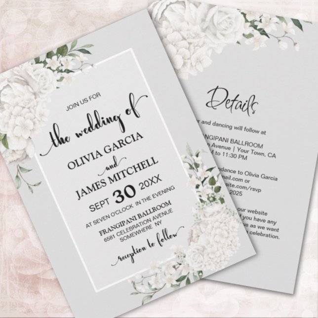 Invitación Todo En Un Elegante Boda De Gris Floral Blanco (Subido por el creador)