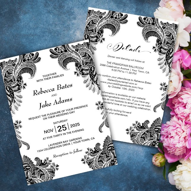Invitación Todo En Un Elegante Boda De Lado Blanco Negro (Subido por el creador)