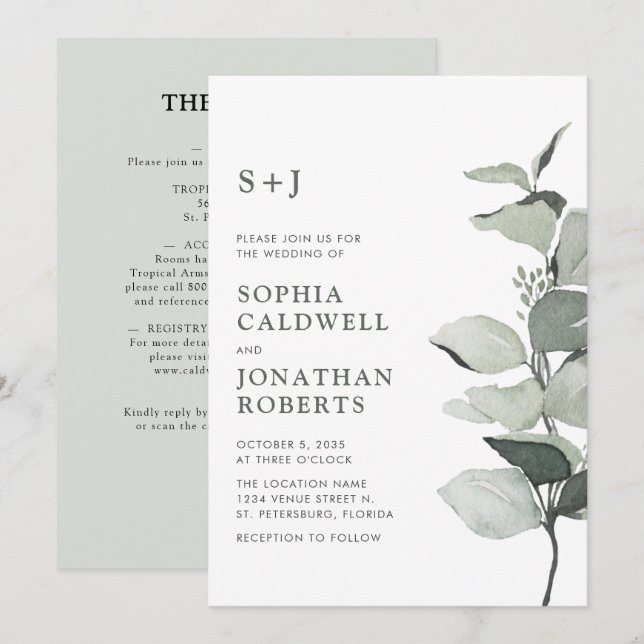 Invitación Todo en un elegante Boda Eucaliptus (Anverso / Reverso)