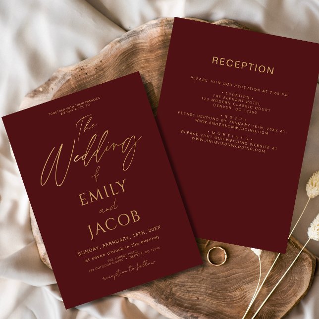 Invitación Todo en un elegante guión de Boda de oro de Borgoñ (Subido por el creador)