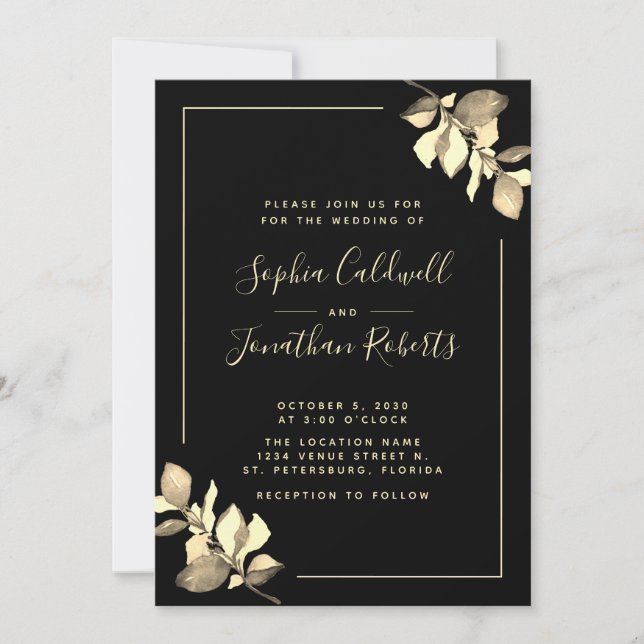 Invitación Todo en un Eucalipto de Oro Elegante Boda Negro (Anverso)