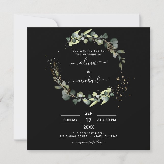 Invitación Todo en un eucalipto Rústico Boda negro (Anverso)