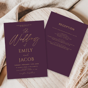 Invitación Todo en un guión de Boda de oro púrpura de Pluma