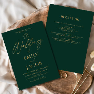 Invitación Todo en un guión de Boda de oro verde esmeralda