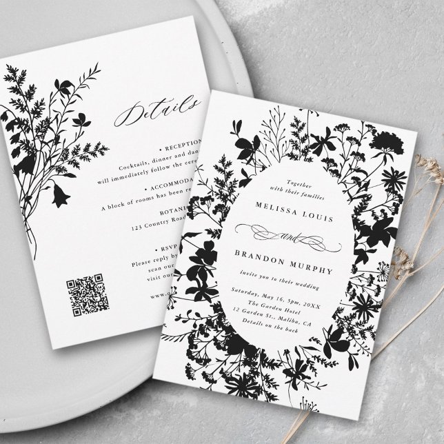 Invitación Todo en un marco de flores silvestres Boda blanco  (Front & Back)