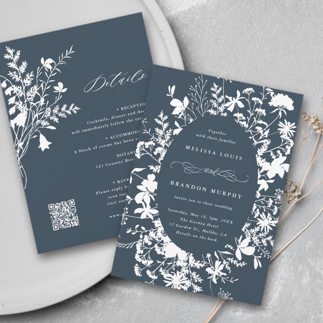 Invitación Todo en un marco de flores silvestres Boda Marina  (Front & Back)
