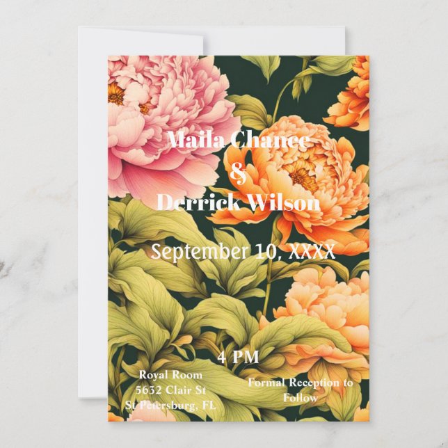 Invitación Todo En Un Naranja Floral Rosa Marco Verde Boda (Anverso)