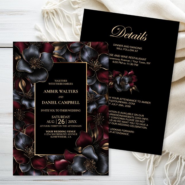 Invitación Todo en un negro Boda floral gris borgoña (Subido por el creador)