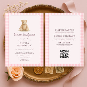 Invitación Todo en un oso de peluche rosa a cuadros Baby Show