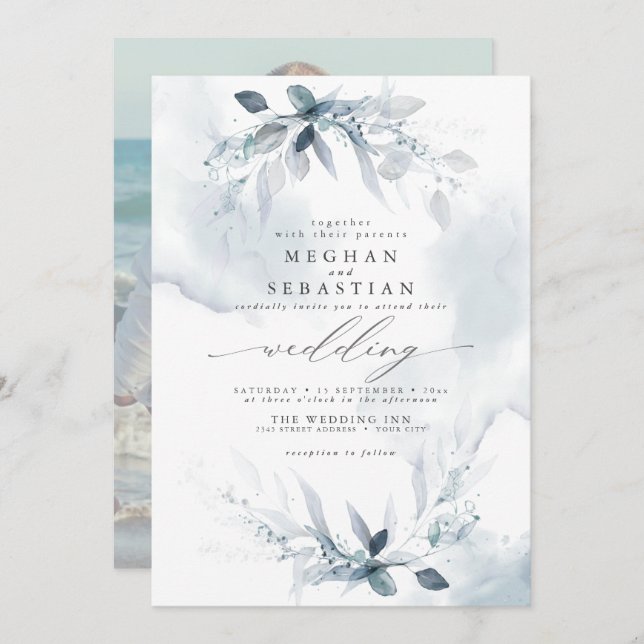 Invitación TODO en UN personalizado Boda Dusty Blue (Anverso / Reverso)