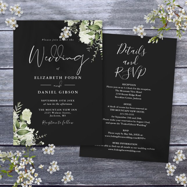 Invitación Todo En Un Polvoriento Boda De Verdor Blanco Y Neg (All In One Dusty Black And White Greenery Wedding Invitation)