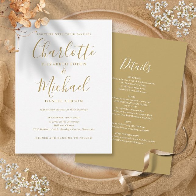 Invitación Todo En Un Simple Elegante Boda De Guión Dorado (All In One Simple Elegant Gold Script Wedding Invitation)