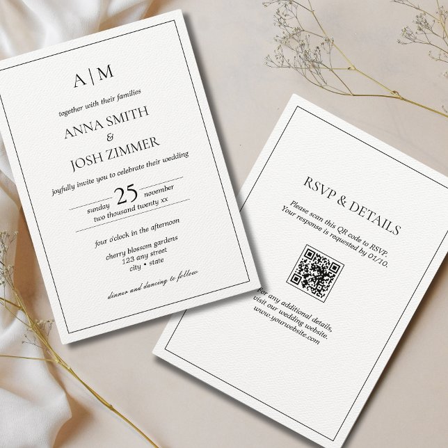 Invitación Todo en un solo código de Monograma Mínimo Blanco  (All white wedding invitation with QR code)
