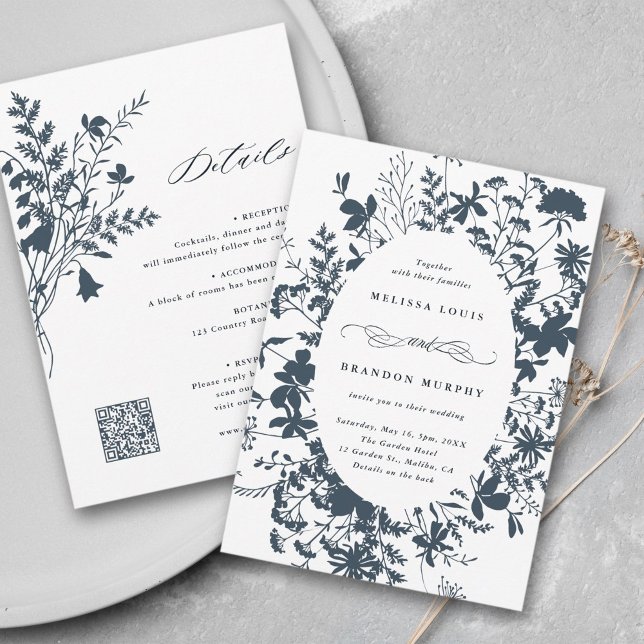 Invitación Todo en un solo marco de flores silvestres, marina (Front & Back)