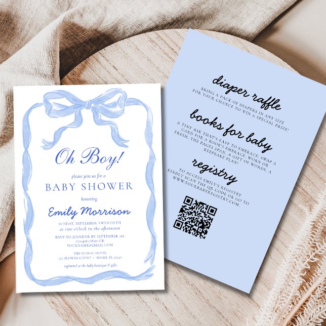Invitación Todo en un solo Oh Boy Blue Ribbon Bow Baby Shower (Subido por el creador)