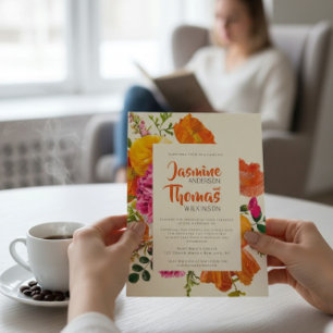 Invitación todo en una boda código qr naranja amapola boda