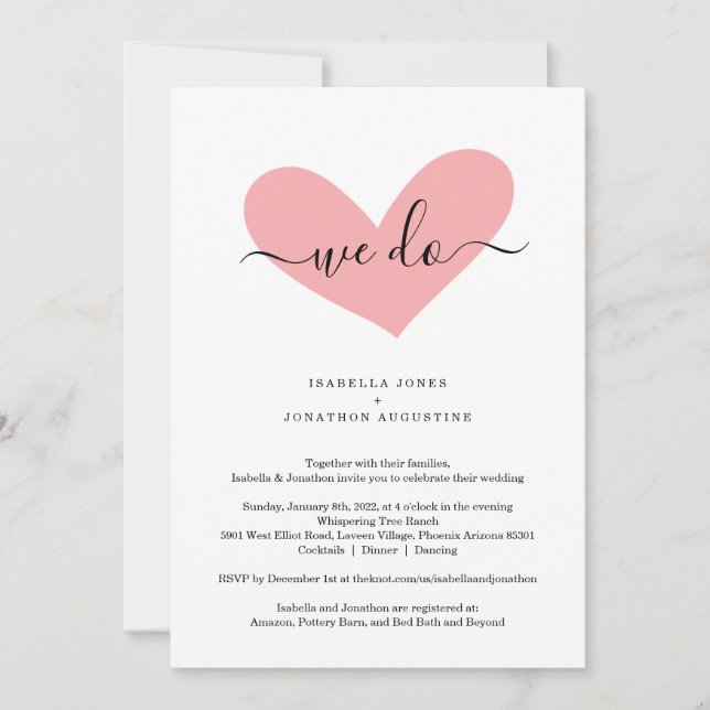 Invitación todo en una boda con RSVP y Registro (Anverso)