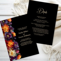 Todo en una boda floral morada y naranja negra