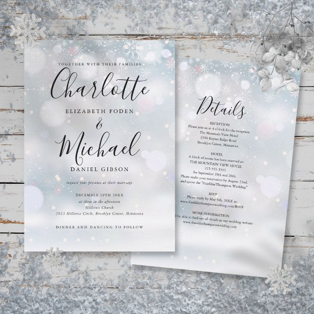 Invitación Todo en una Bodas de Invierno de Copos de Nieve (All In One Snowflakes Winter Wedding Invitation)