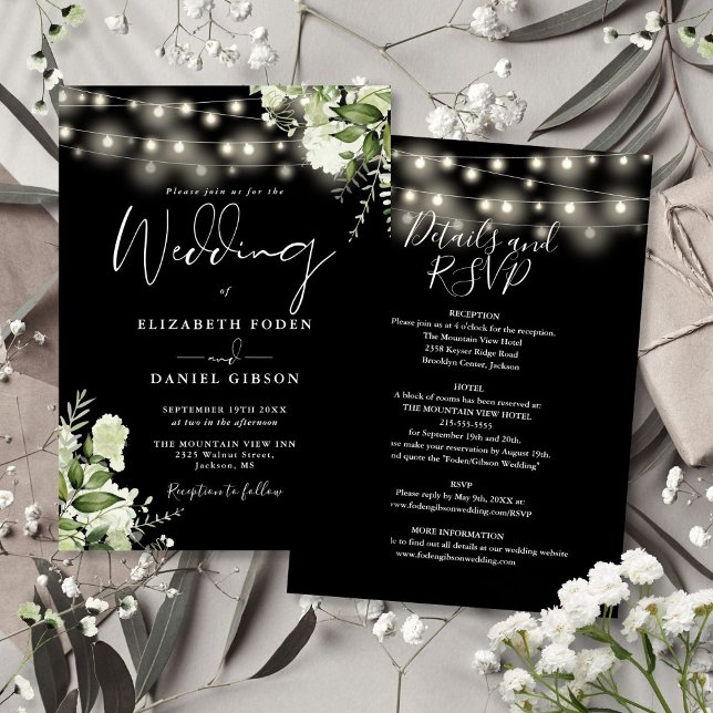Invitación Todo En Una Cadena Negra Enciende Boda Floral (All In One Black String Lights Floral Wedding Invitation)