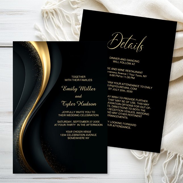 Invitación Todo en una elegante boda negra y dorada (Subido por el creador)