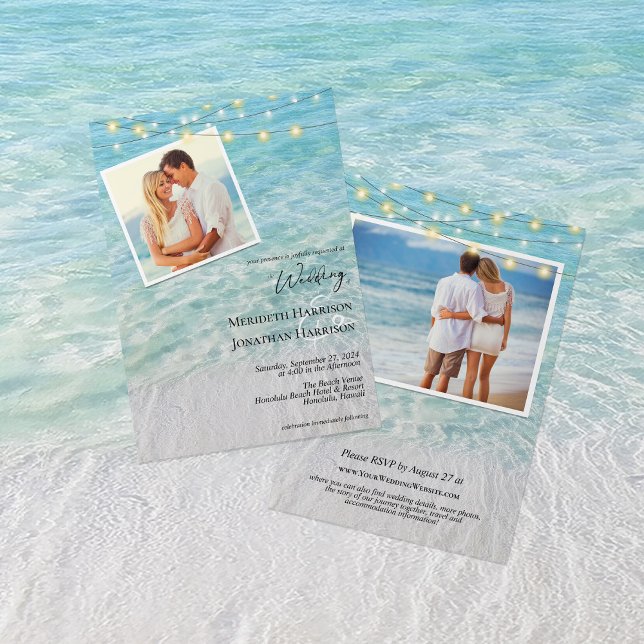Invitación Todo en una foto playa de arena y luces (Front and back - features RSVP information, website, and any details you would like to add.)