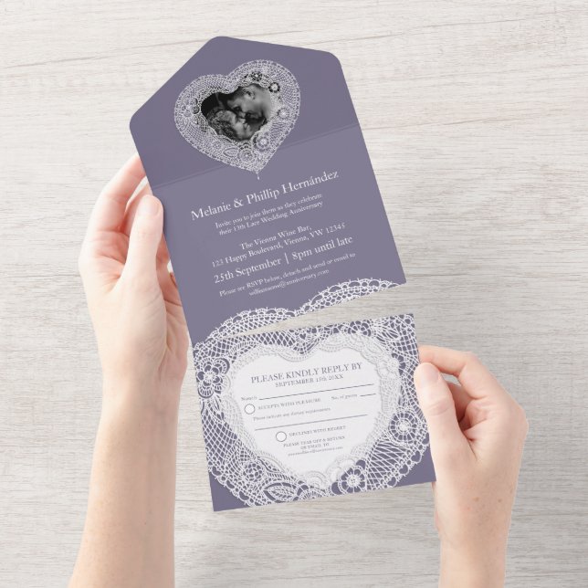 Invitación Todo En Uno 13.º boda de encaje aniversario sin sobres (desgarro)